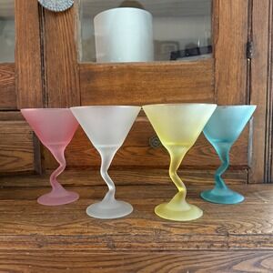 VTG Libbey Zig Zag Stem Frosted Pastel Satin Watusi Martini Glasses  Set Of 4